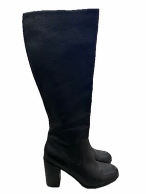 Lands’ End Women’s 8.5 Black Leather Knee High Box Heel Boots Zip Up Fall